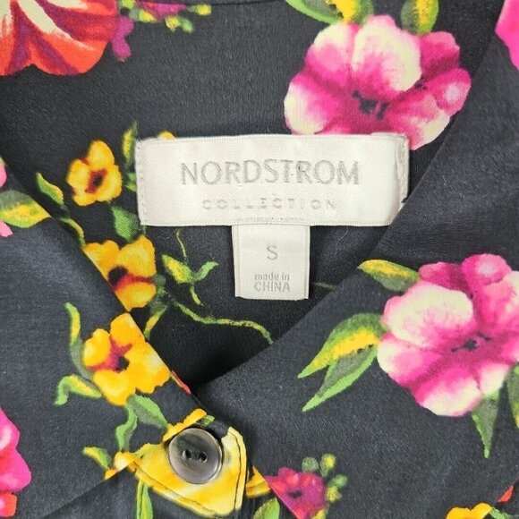 Nordstrom Collection Shirt Womens Size S 100% Silk Black Floral Button-Up Tunic - Picture 2 of 7